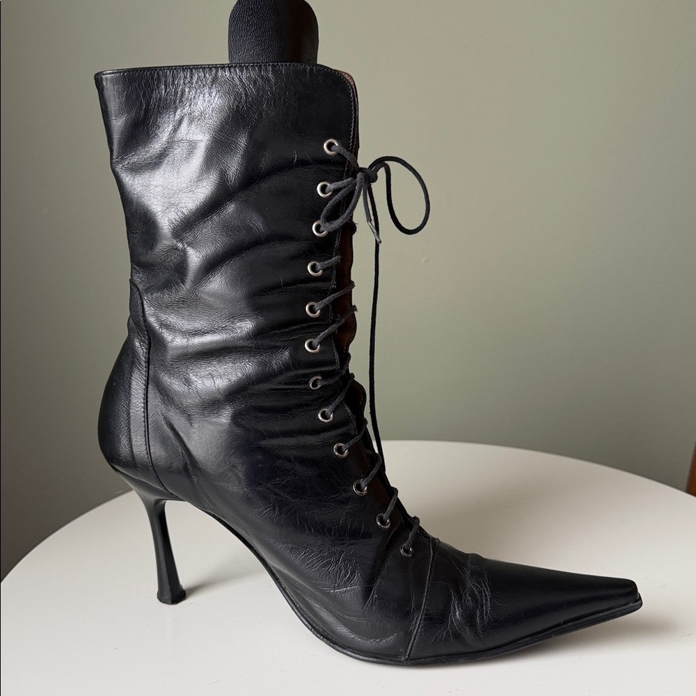 Gia Moretti leather pointed toe stiletto heel grommeted lace-up Boots Italian - Picture 14 of 17